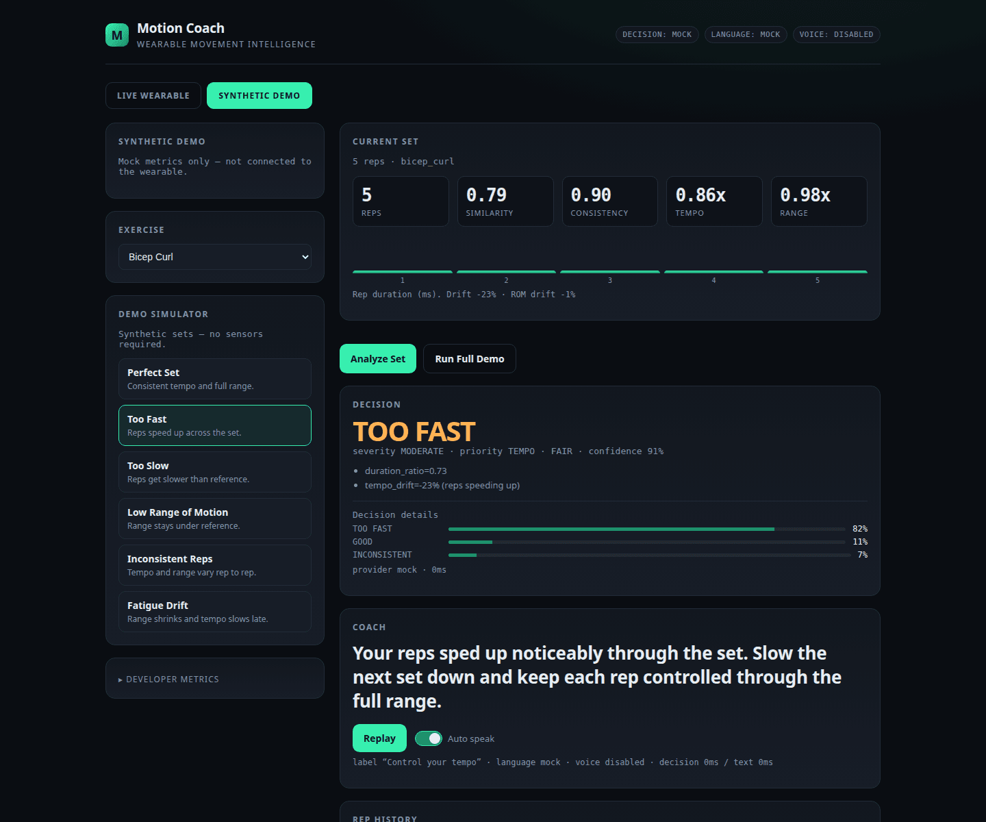 Motion Coach dashboard analyzing a five-repetition set